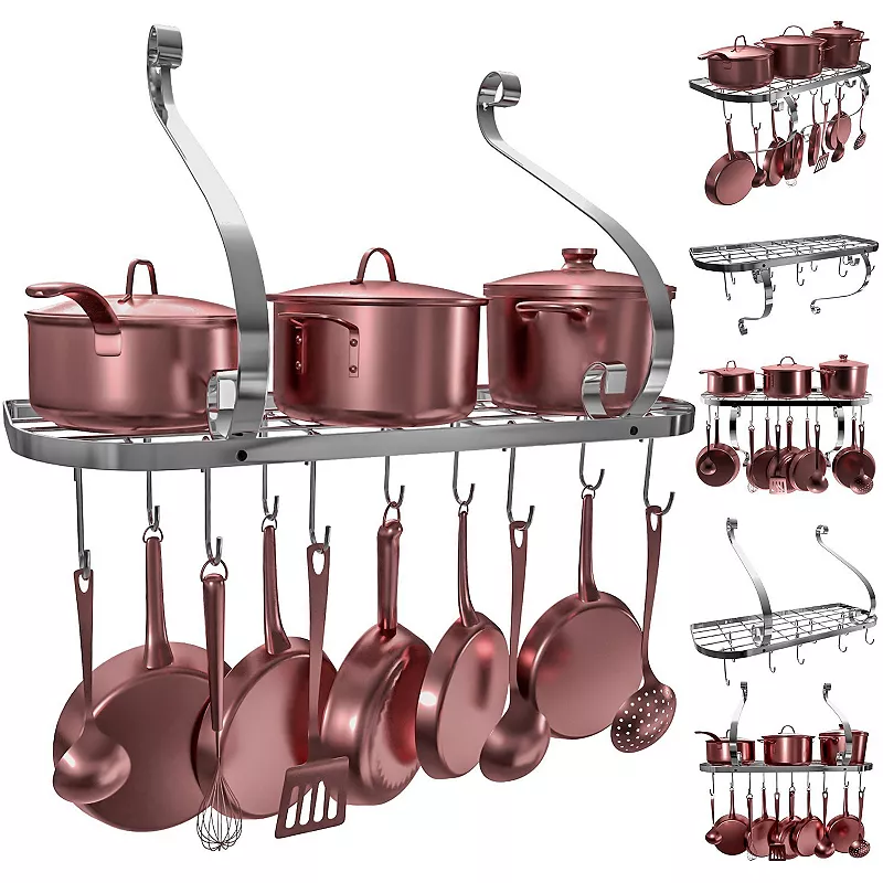 Wall Mounted Hanging Pot Rack with 10 Hooks for Kitchen Cookware Storage