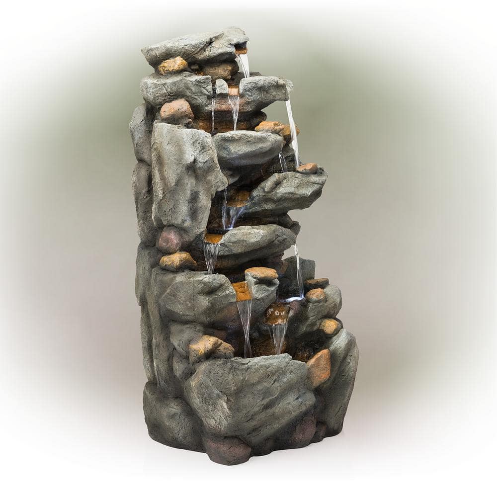 Alpine Corporation 50 in. Tall Outdoor 8-Tier Rock Waterfall Fountain with LED Lights, Grey TZL130