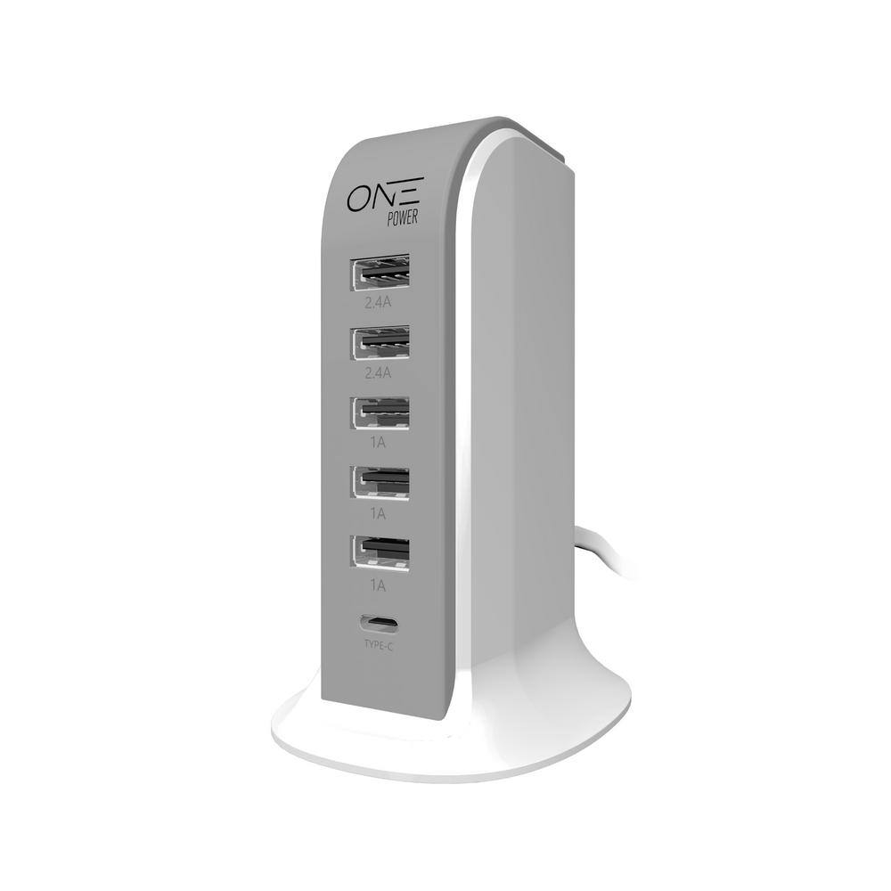 ProMounts 5 USB-A 1 USB-C Power HubCharging Station Flat Plug With 5 Ft. Cord Modern Slim Charging USB Tower OPT061