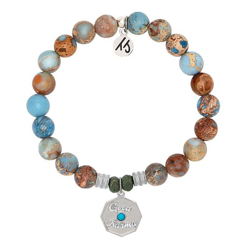 T. Jazelle  Sky Jasper Stone Bracelet with Good Karma Sterling Silver Charm