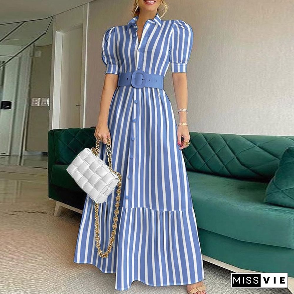 Women Party Maxi Dress Elegant Striped Office Lady Long Dresses