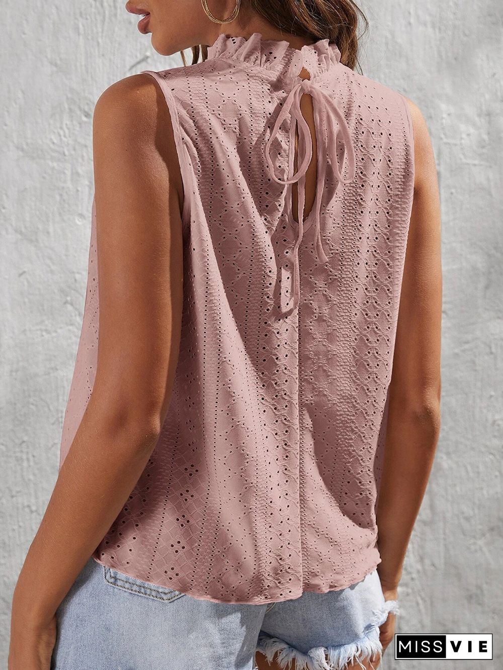 Eyelet Pattern Frill Collar Sleeves Tank Top