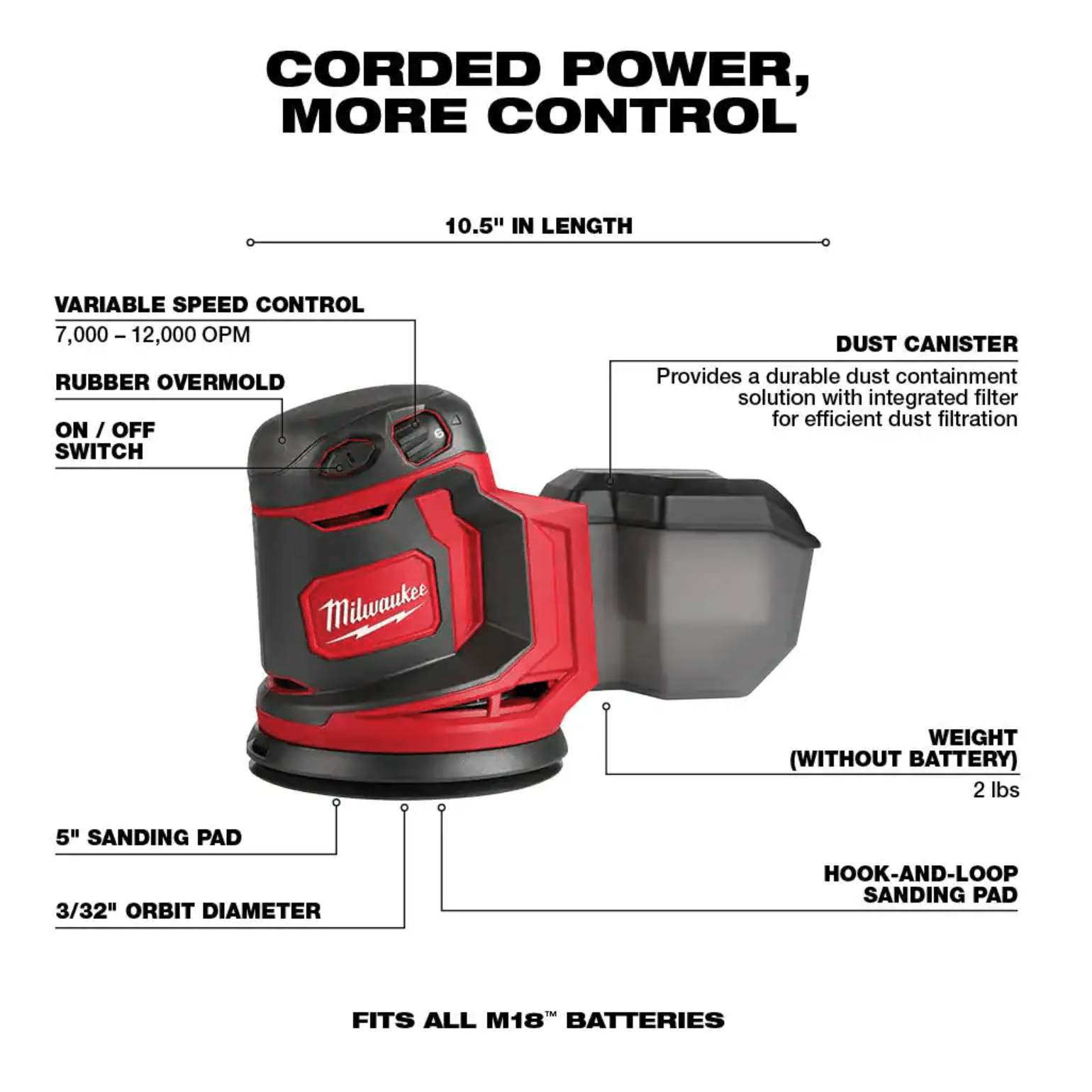 Milwaukee M18 18-Volt Lithium-Ion Cordless 5 in. Random Orbit Sander with 2.0 Ah Compact Battery (2648-20-48-11-1820)