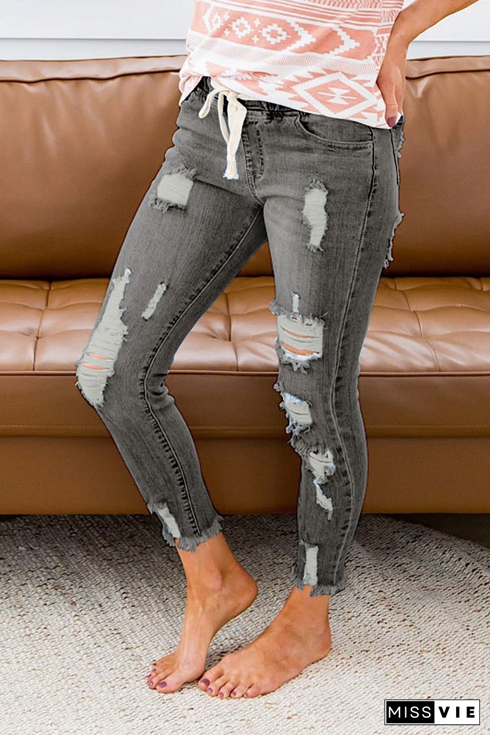 Gray Drawstring Elastic Waist Hole Ripped Jeans