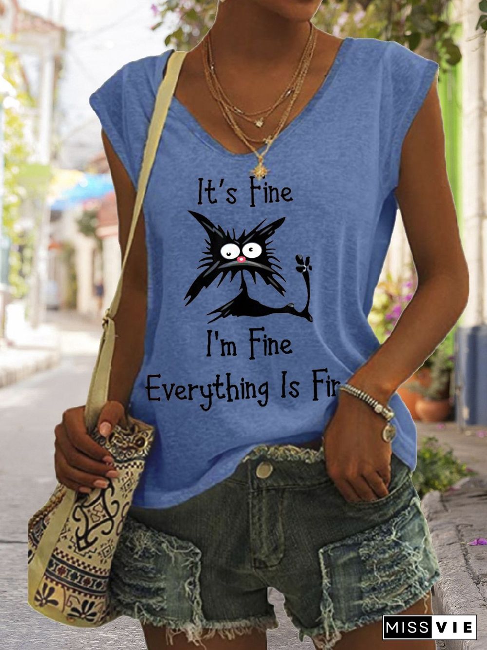 Women's It's Fine I'm Fine Everything Is Fine Funny Cat Print V-Neck Sleeveless Tee