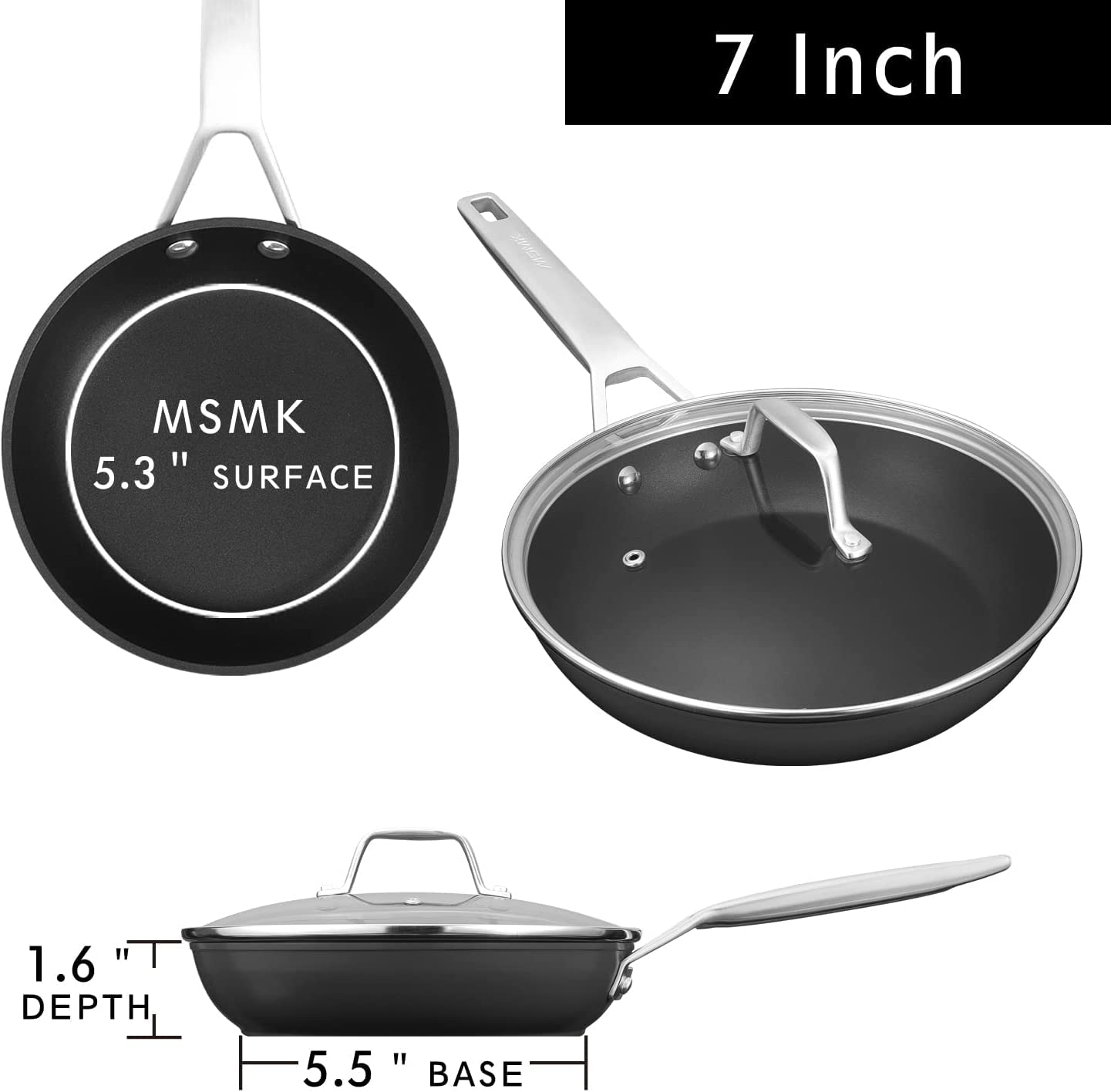 MSMK 7 inch Small Egg Nonstick Frying Pan with Lid， Eggs Omelette Burnt also Non stick， Scratch-resistant， Induction Skillet， Oven Safe to 700°F Pan for Cooking， Dishwasher Safe