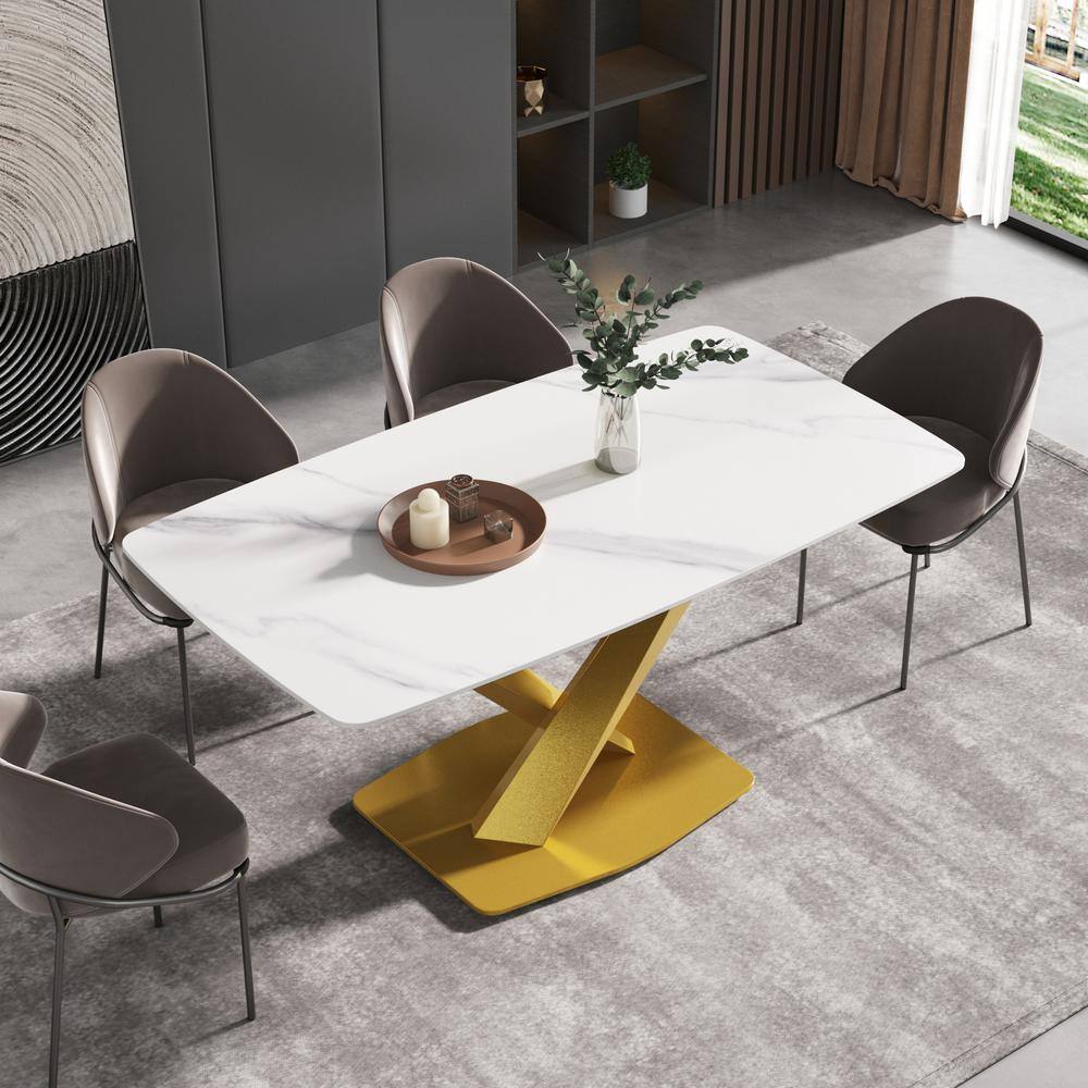 Magic Home 63 in. White Rectangular Sintered Stone Tabletop Kitchen Dining Table with Cross Golden Steel Pedestal (6 Seats) CS-PP192670AAC