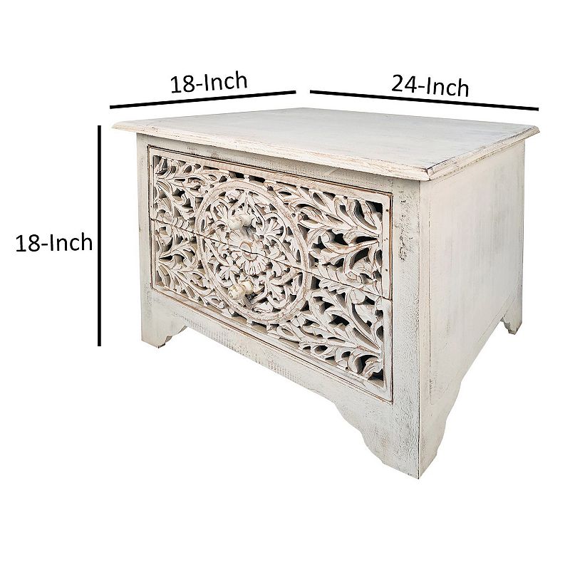 Olta 24 Inch Handcrafted Mango Wood Nightstand Side Table， 2 Drawers， Floral Carved Cut Out Design， Antique White