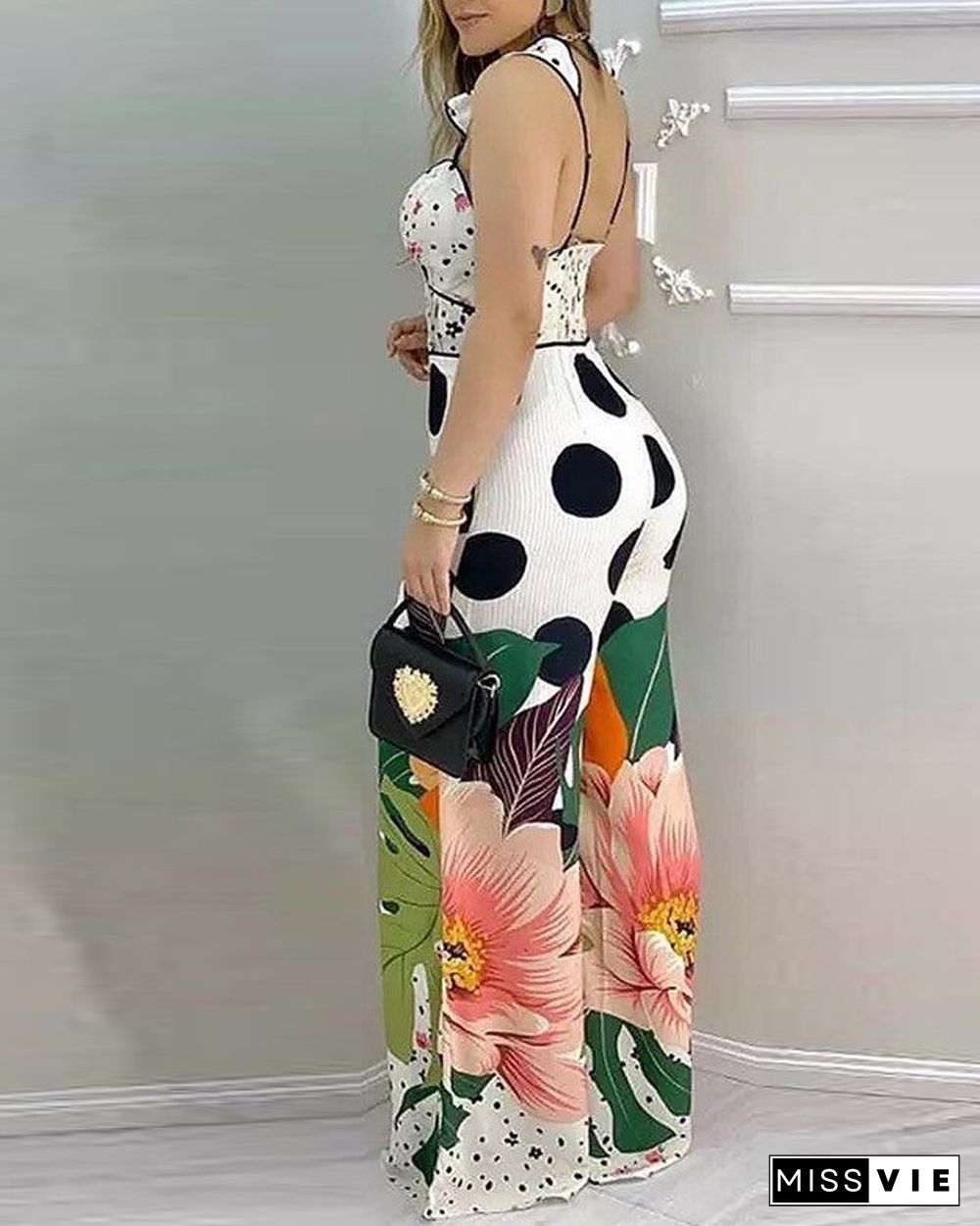 All Over Print V-Neck Backless Wide Leg Cami Jumpsuit