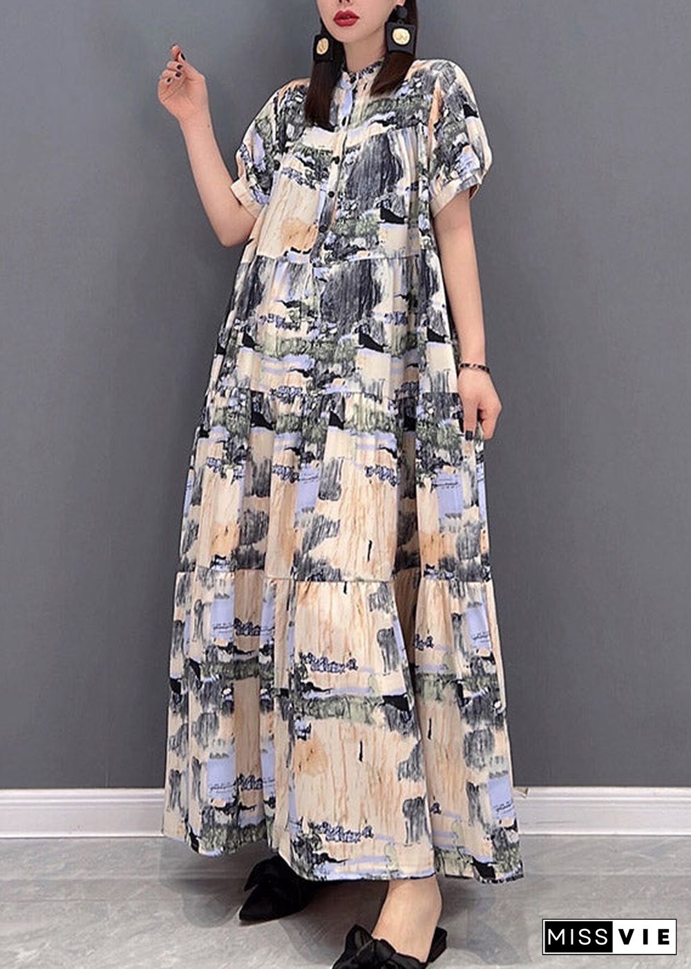 Elegant Stand Collar Button Print Patchwork Wrinkled Chiffon Long Dress Short Sleeve