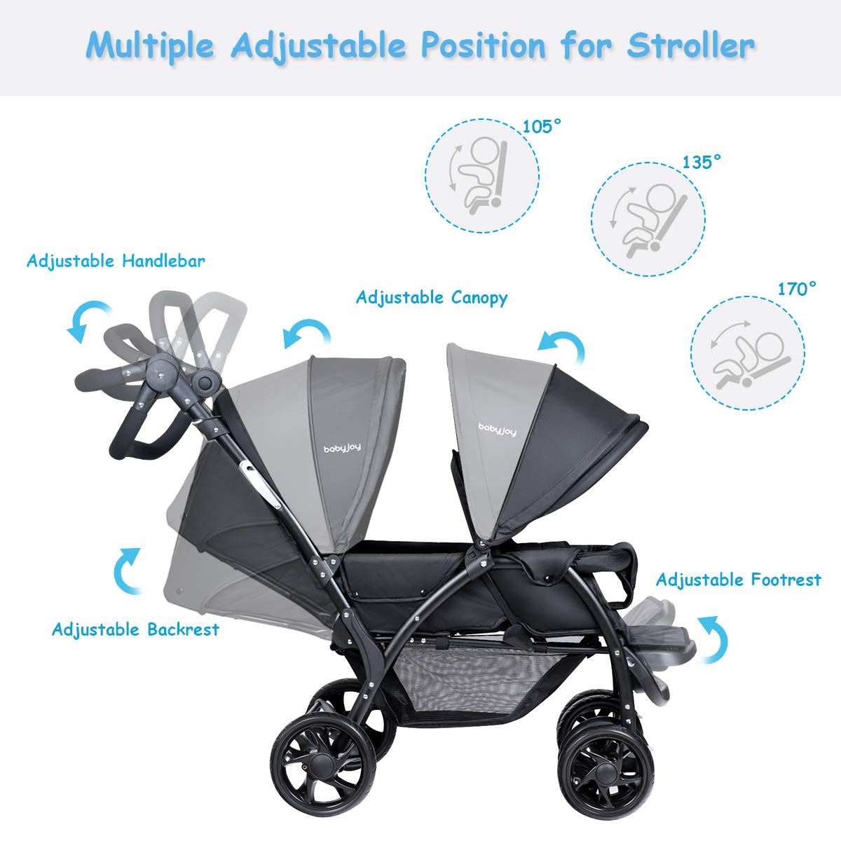 BABY JOY Double Baby Stroller, Foldable Double Seat Tandem Stroller with Adjustable Backrest