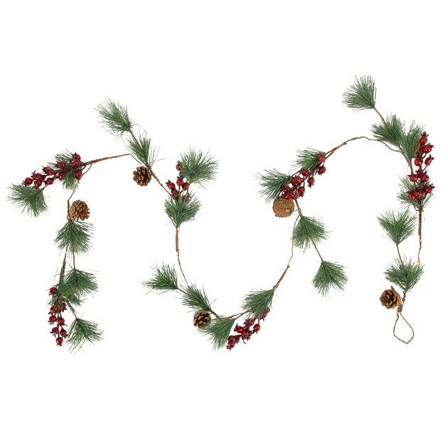 Northlight Pre lit Battery Operated Pine And Berry Christmas Garland 6 5 x27 Warm White Led Lights