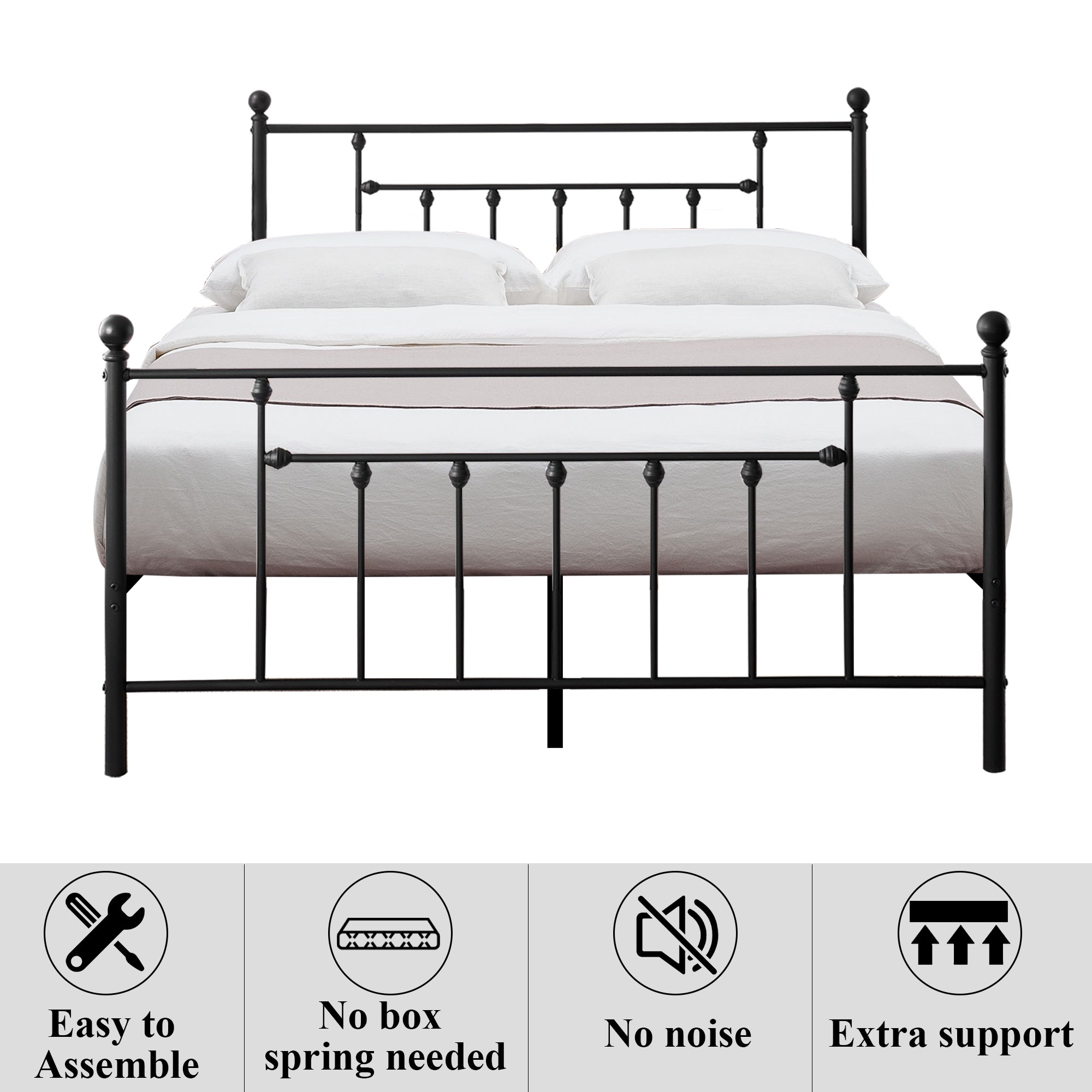 Victorian Full Size Metal Platform Bed with Headboard & Footboard, No Box Spring Needed, Black