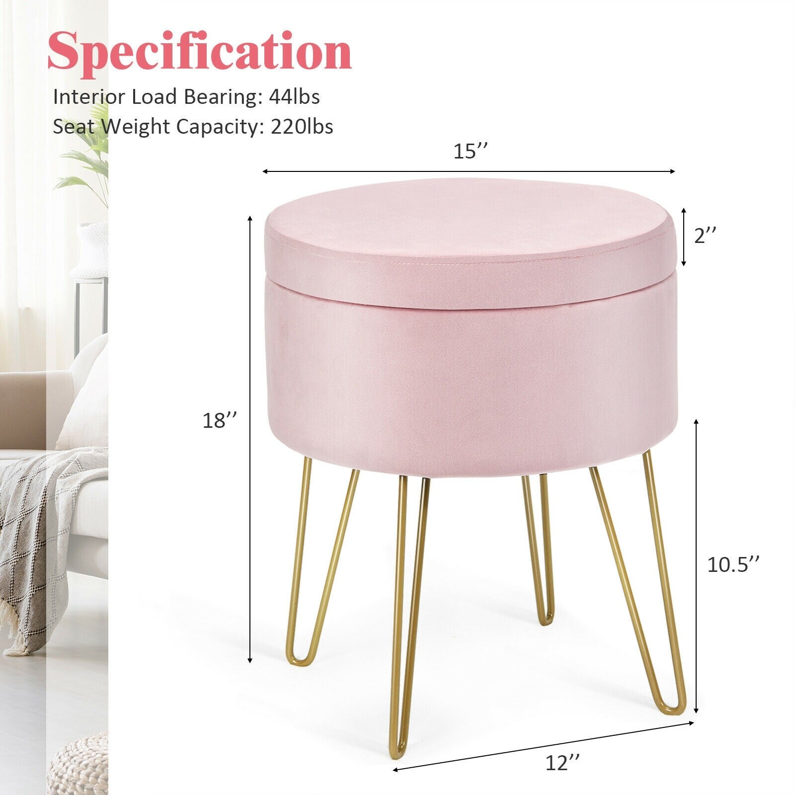 Velvet Footrest Stool Round with Storage Function