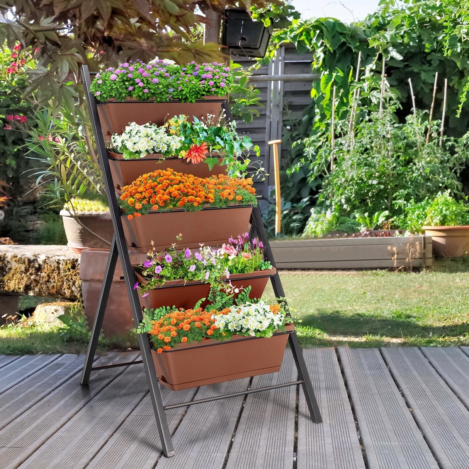 Beautops 5-tier Vertical Garden Planter Box Elevated Raised Bed with 5 Container - Brown