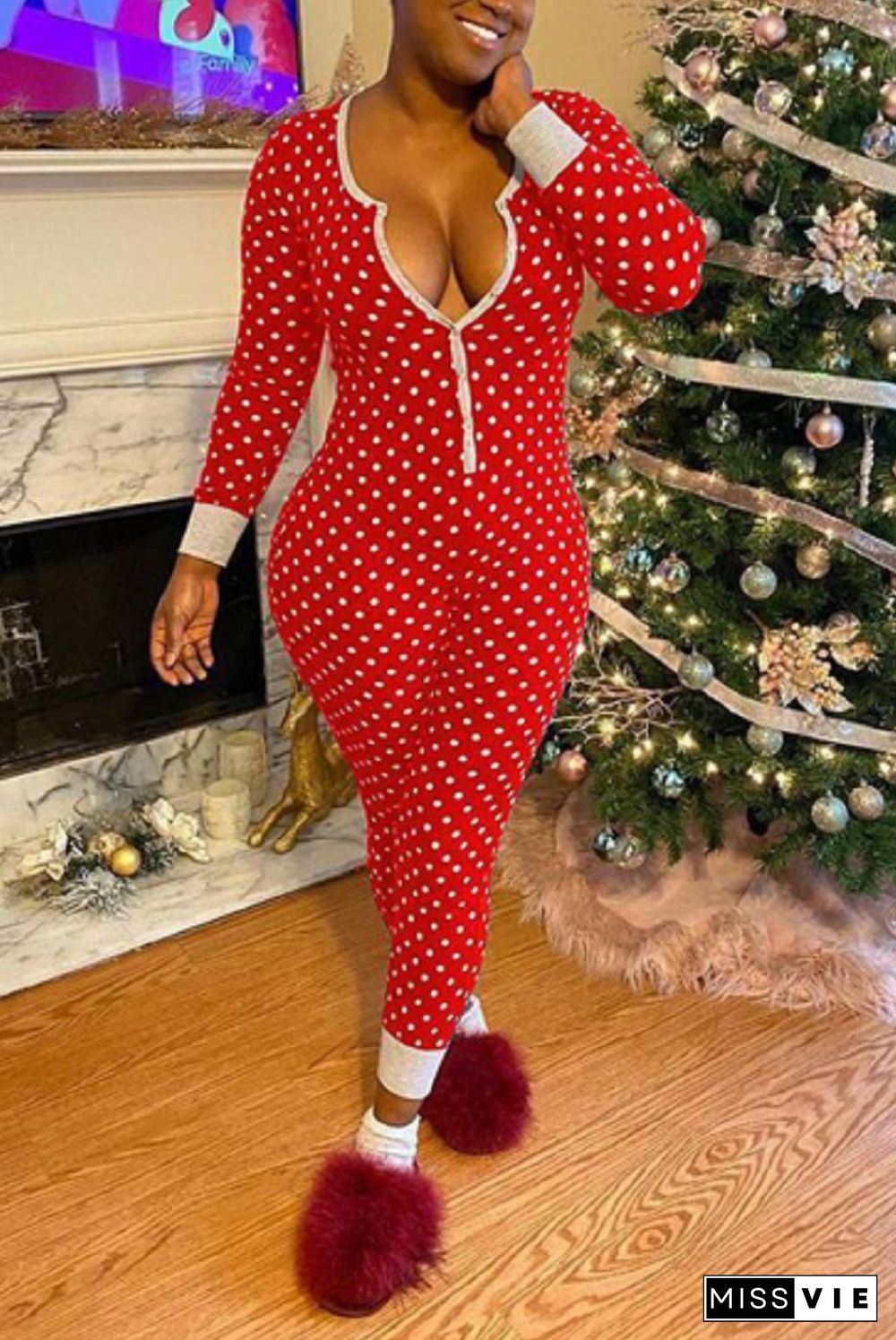 Long Sleeve Low Cut Print Sleepwear Jumpsuit