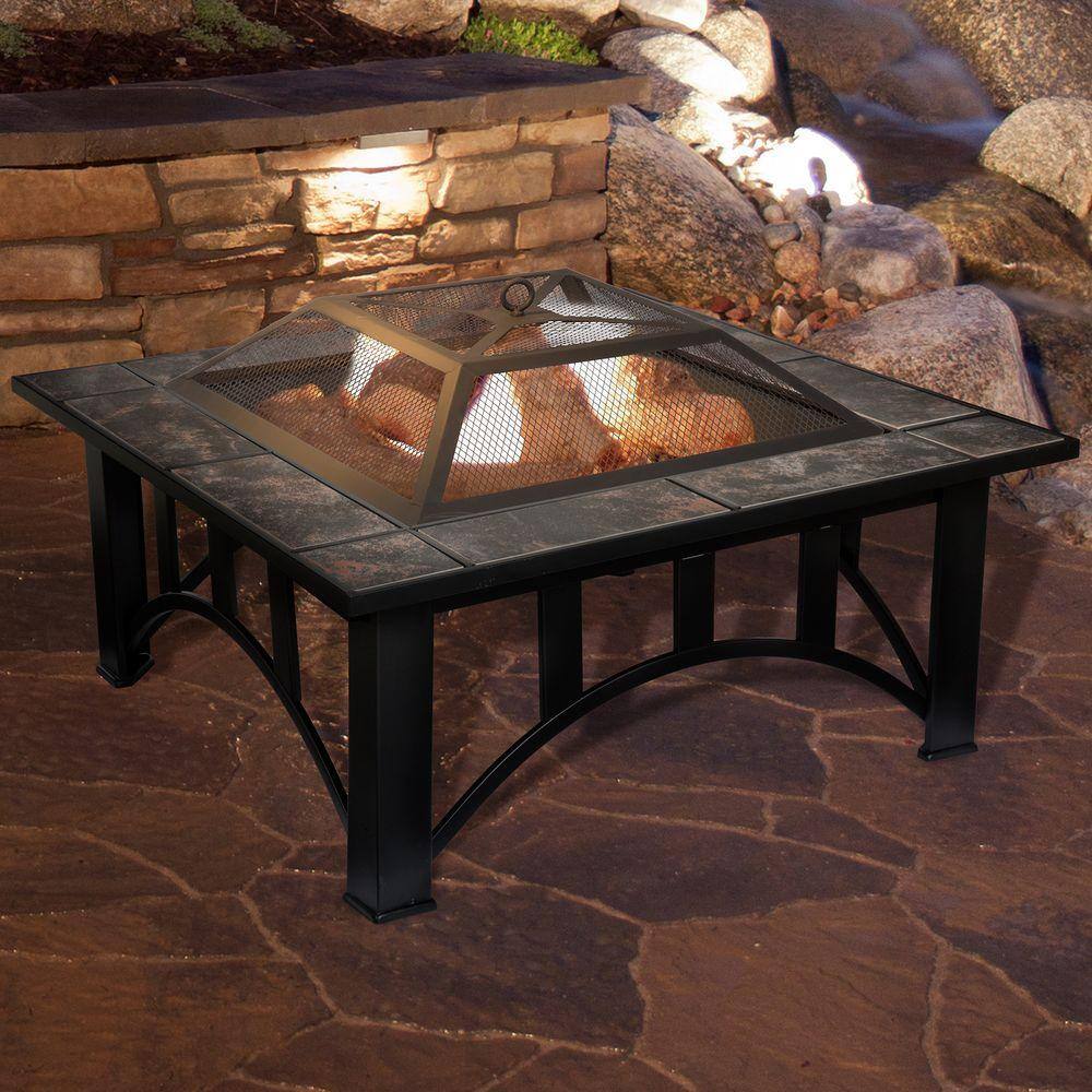 Pure Garden 33 in. Square Steel Tile Fire Pit with Cover M150019