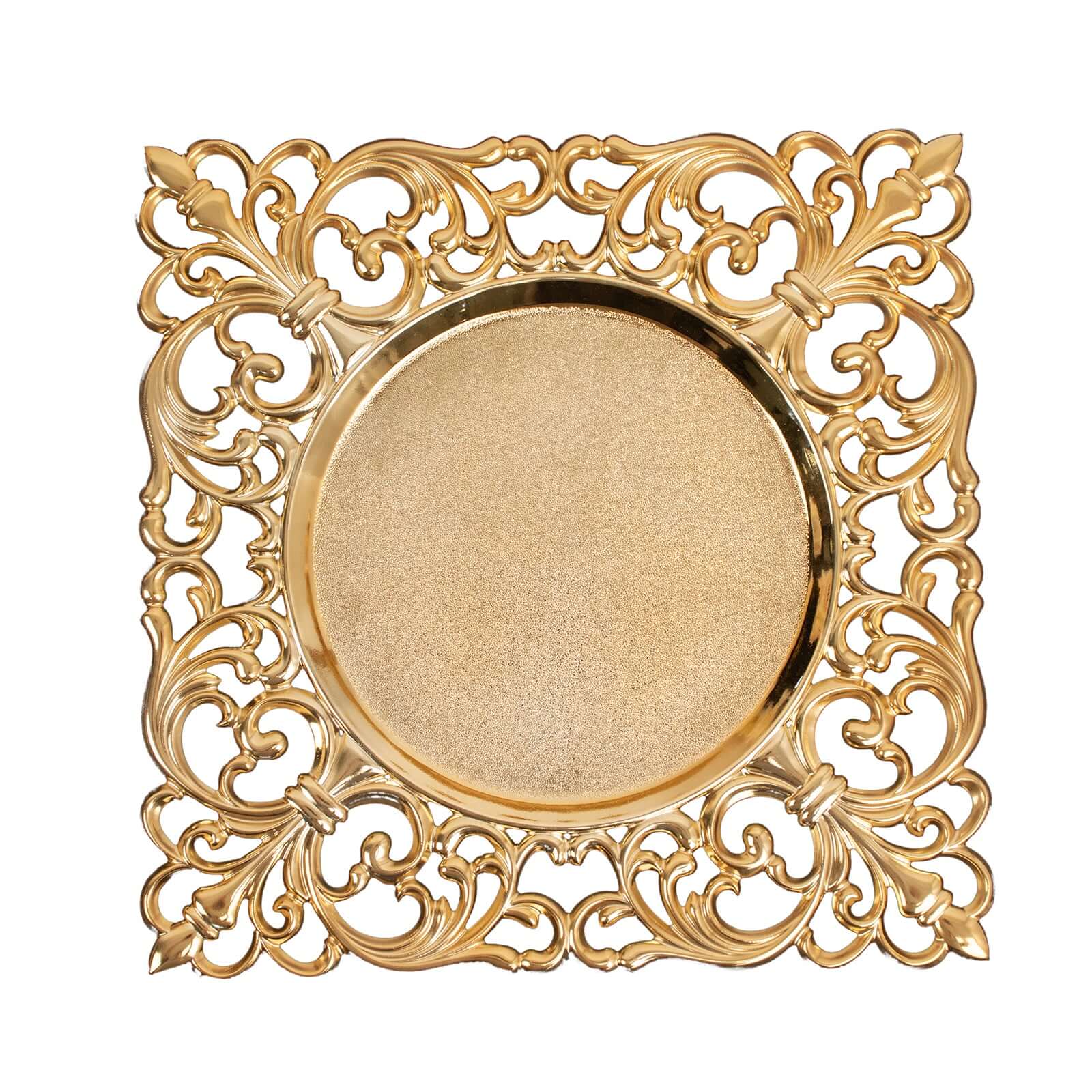 6 Pack Gold Square Acrylic Charger Plates with Hollow Lace Border, Dinner Chargers Event Tabletop Decor - 12