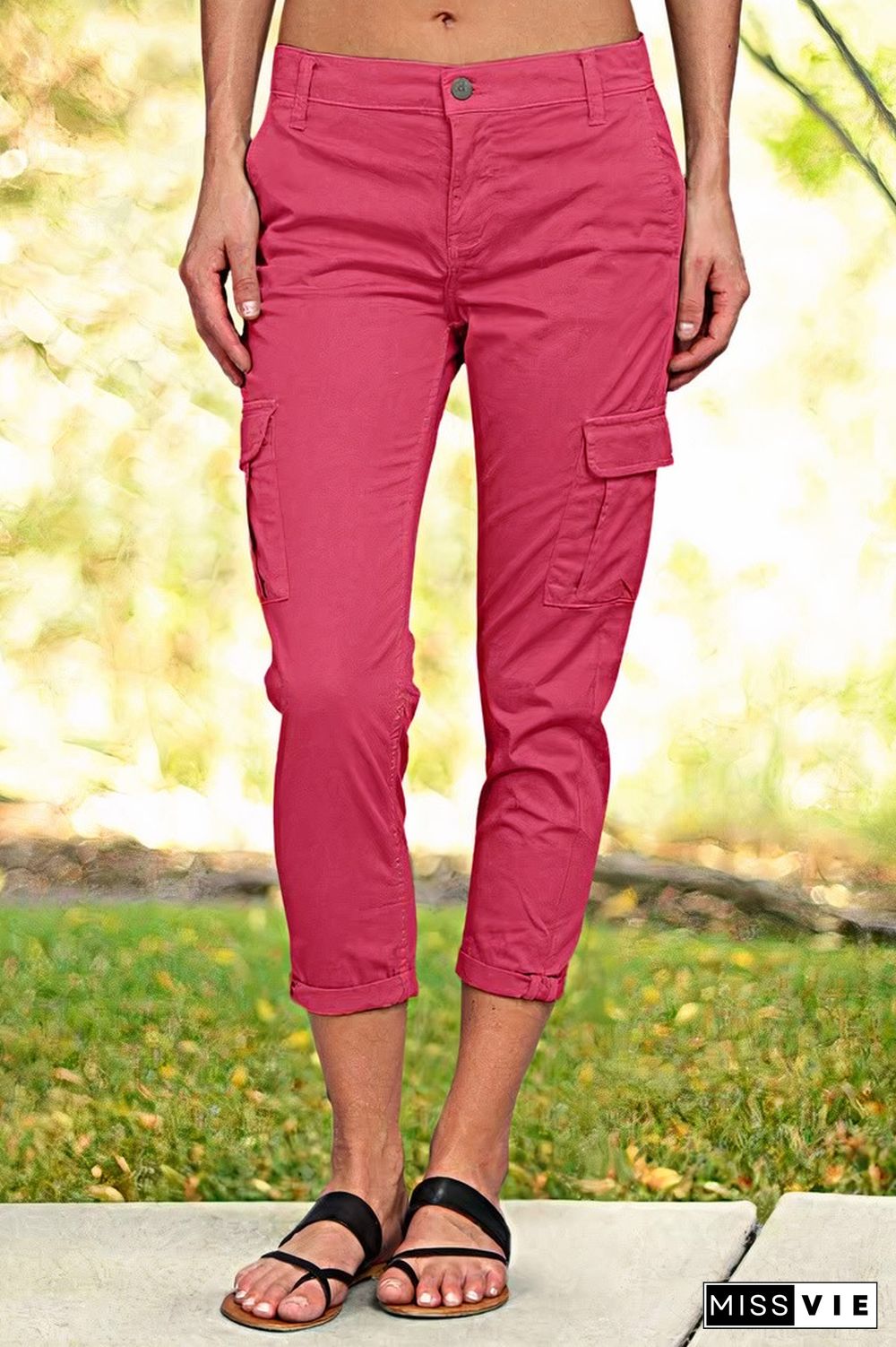 Flap Pocket Mid Waist Cropped Skinny Cargo Pants