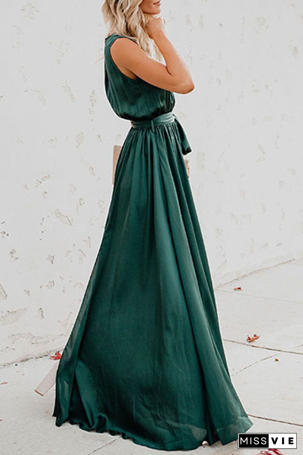 Fashion Street Solid Slit V Neck Waist Skirt Dresses