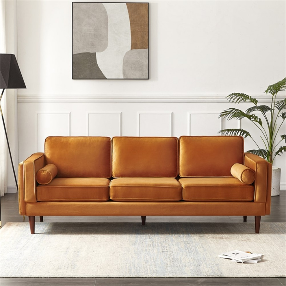 Hudson Living Room Mid Century Modern Pillow Back Velvet Sofa in Orange   Midcentury   Sofas   by Homesquare  Houzz