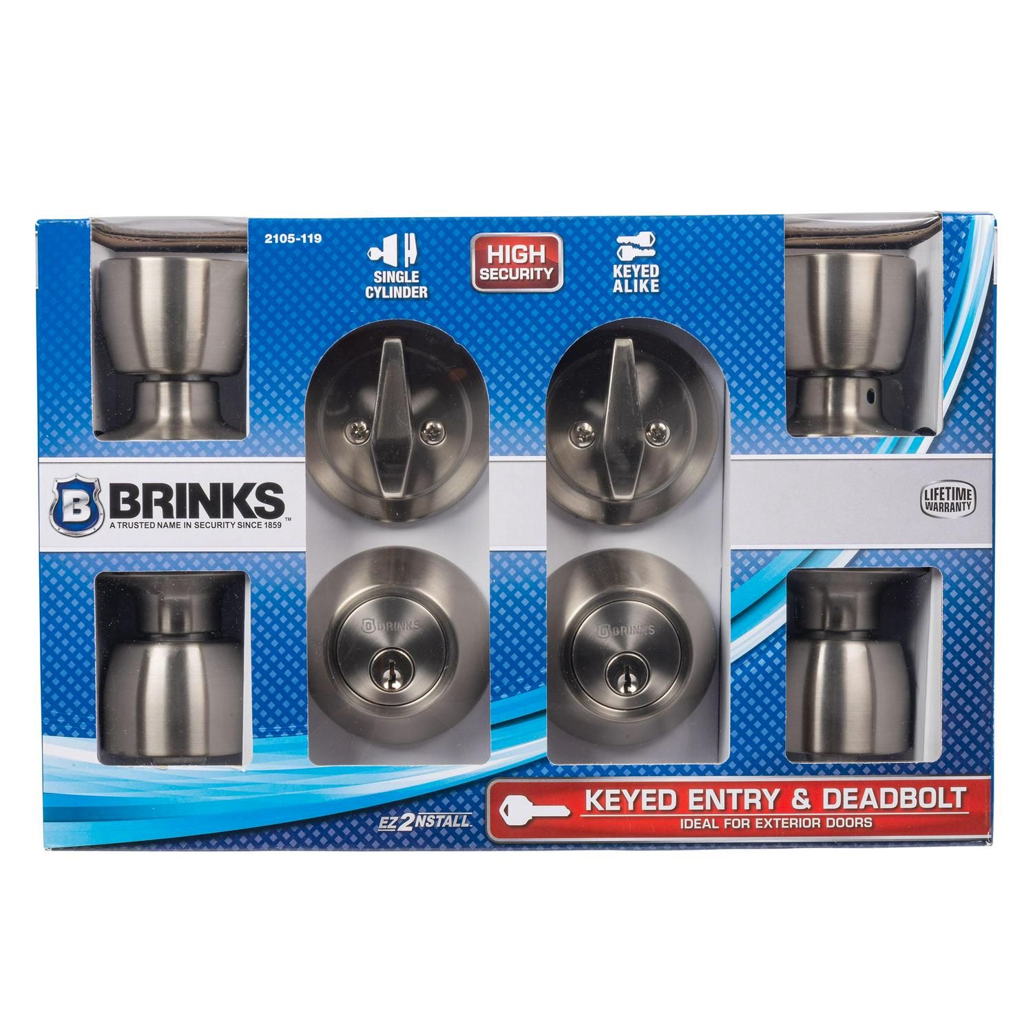 Brinks Keyed Entry Tulip Doorknob and Deadbolt Combo， Satin Nickel Finish， Twin Pack