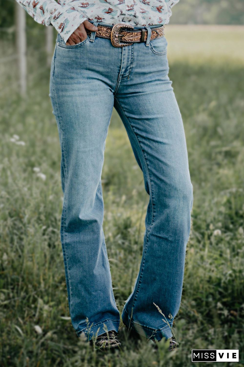 Embroidered Pocket Mid Waist Straight Leg Jeans Without Belt