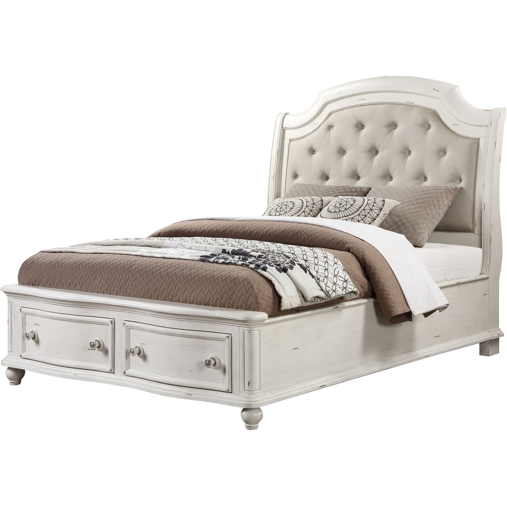 ACME Jaqueline Eastern King Bed in Light Gray Linen   Antique White Finish