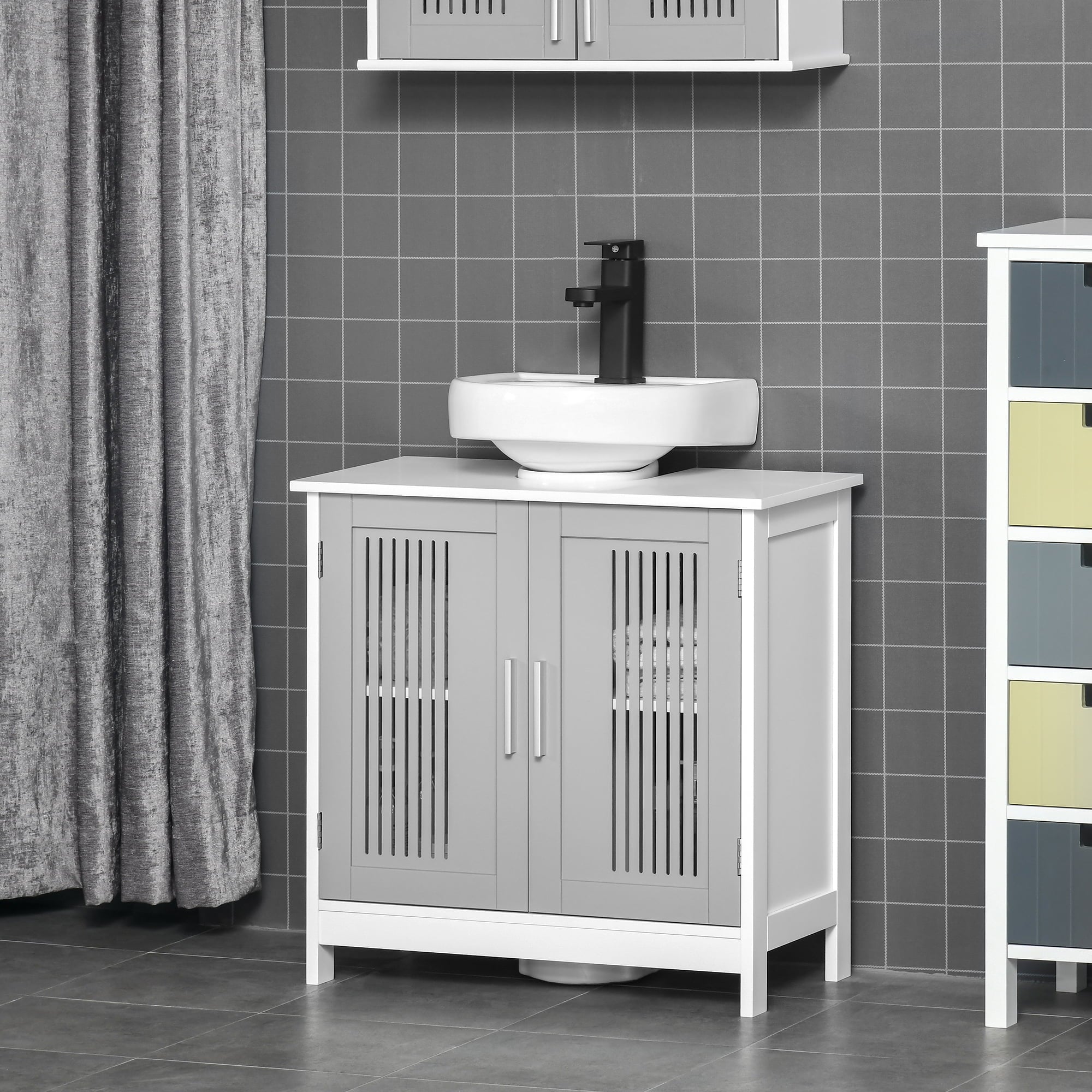 kleankin Modern Under Sink Cabinet with 2 Doors, Pedestal Under Sink Bathroom Cupboard with Adjustable Shelves, Grey and White