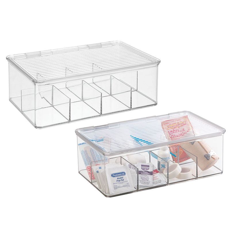 mDesign Plastic Divided First Aid Storage Box Kit with Hinge Lid， 2 Pack - Clear