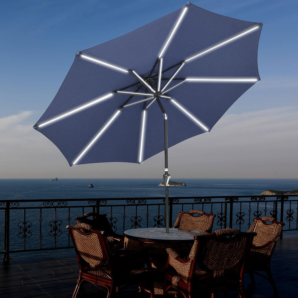 LAGarden 9' Solar Power LED Patio Umbrella 8 Ribs Outdoor Tilt with Crank