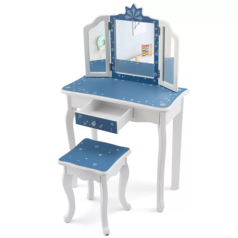 Princess Vanity Table and Chair Set with Tri-Folding Mirror and Snowflake Print