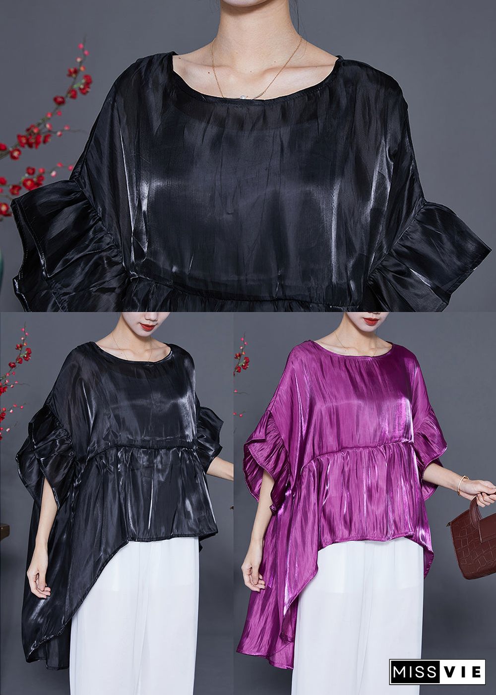 Plus Size Black Oversized Patchwork Silk Shirt Top Summer