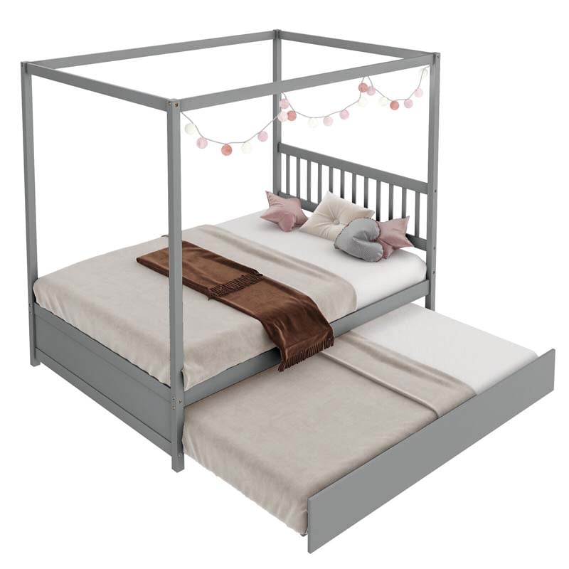 Full Size Canopy Bed with Trundle, Solid Wood Platform Bed Frame with Headboard, Full Bed for Kids Teens Adults