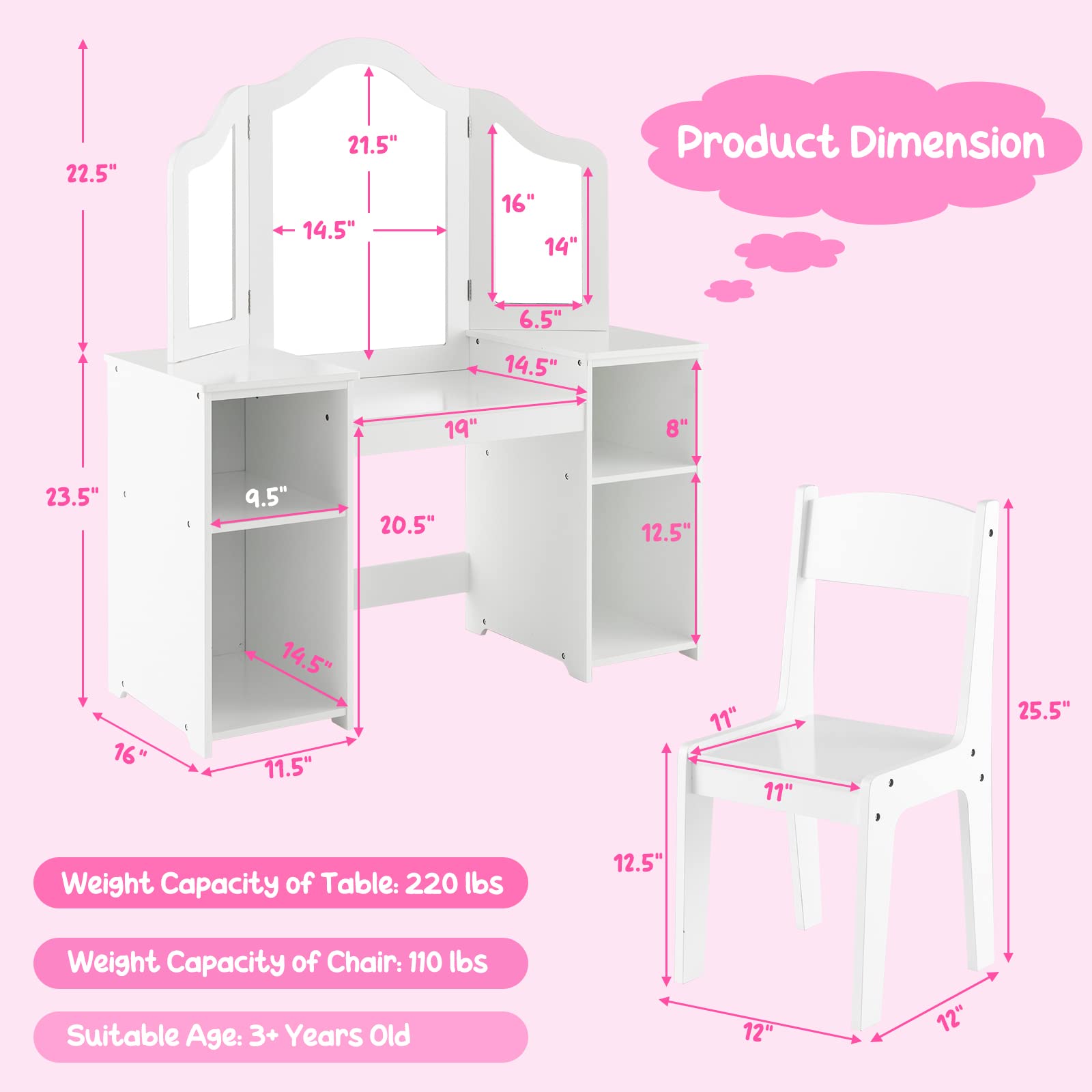 Costzon Kids Vanity Set, 2 in 1 Princess Makeup Dressing Table with Detachable Tri-Folding Mirror