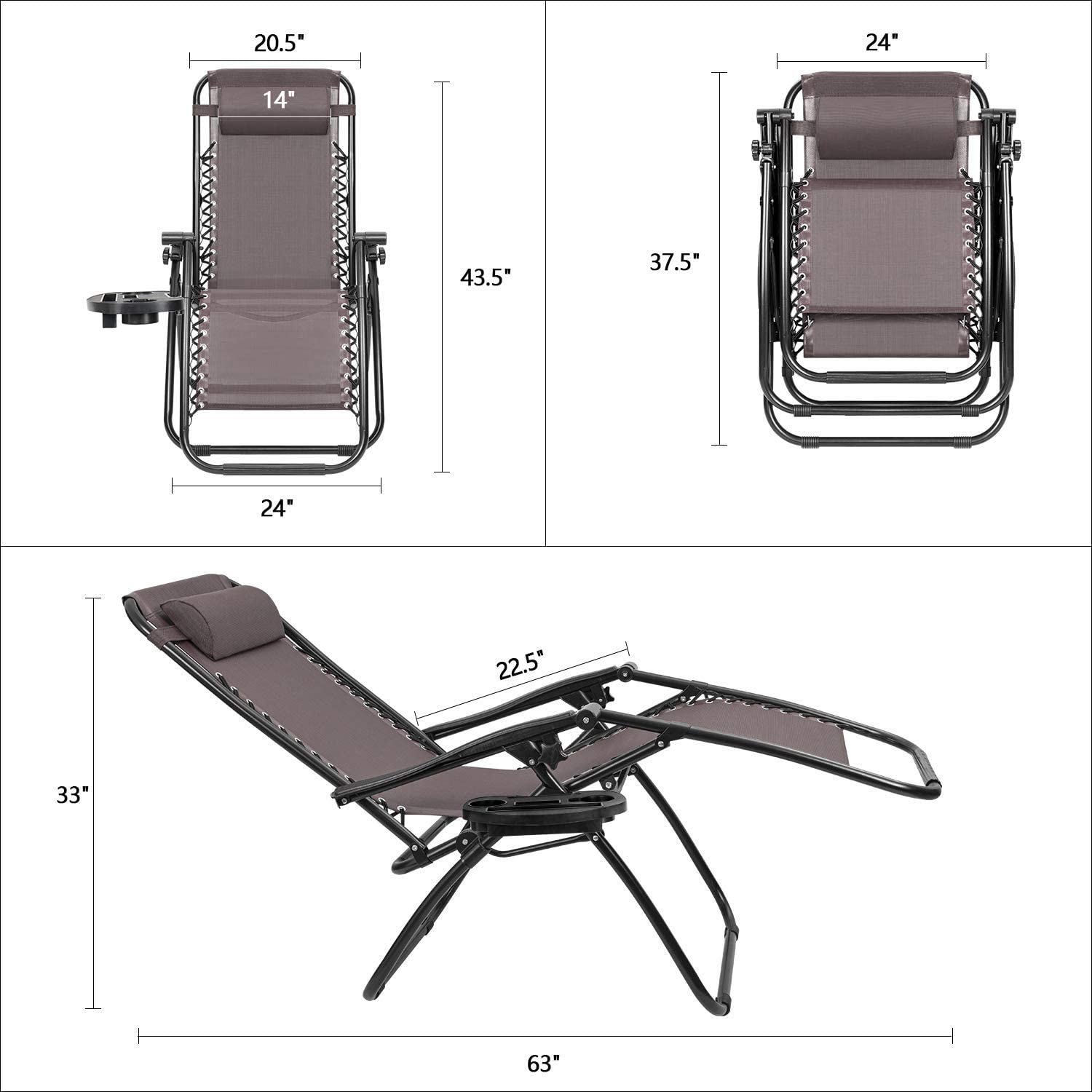 Devoko 2 PCS Zero Gravity Chair Outdoor Lounge Patio Chair Camp Reclining Lounge Chairs, Brown