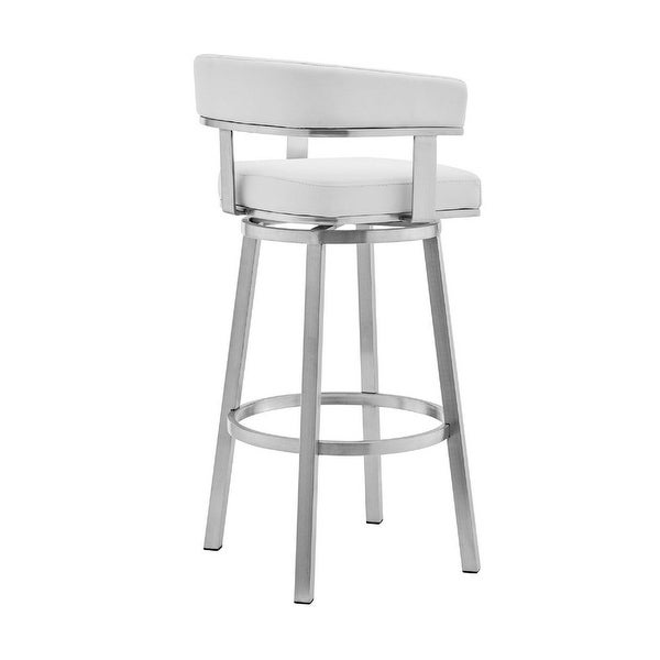 Swivel Barstool with Curved Open Back and Metal Legs， Silver and White