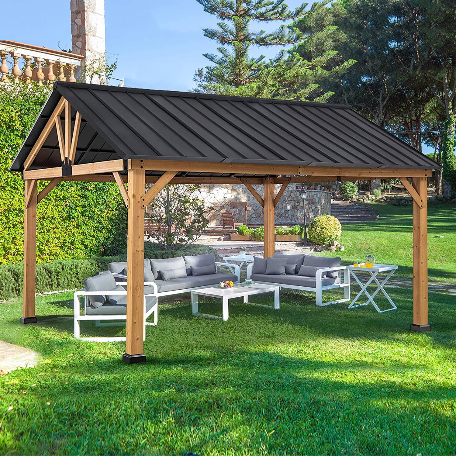 Yoleny 13'x 11' Solid Wood Patio Gazebo, Cedar Framed Outdoor Pavilion Cabana with Black Steel Gable Hardtop Roof, 12'x 10' Frame, Black