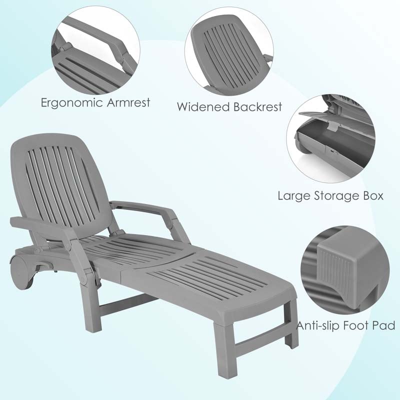 Weatherproof Folding Sun Lounger with Wheels, 6-Position Plastic Outdoor Chaise Lounge Chair for Pool Beach Lawn