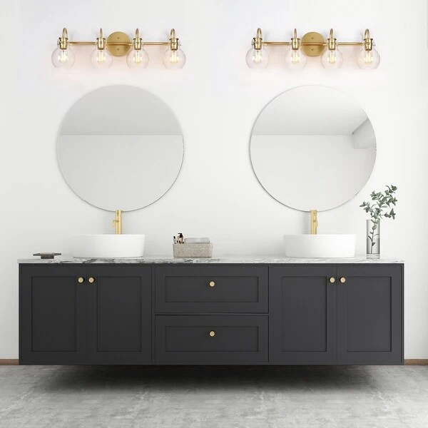 Bela Mid-century Modern Glam Gold 4-Light Bathroom Vanity Lights Globe Glass Wall Sconces Dimmable