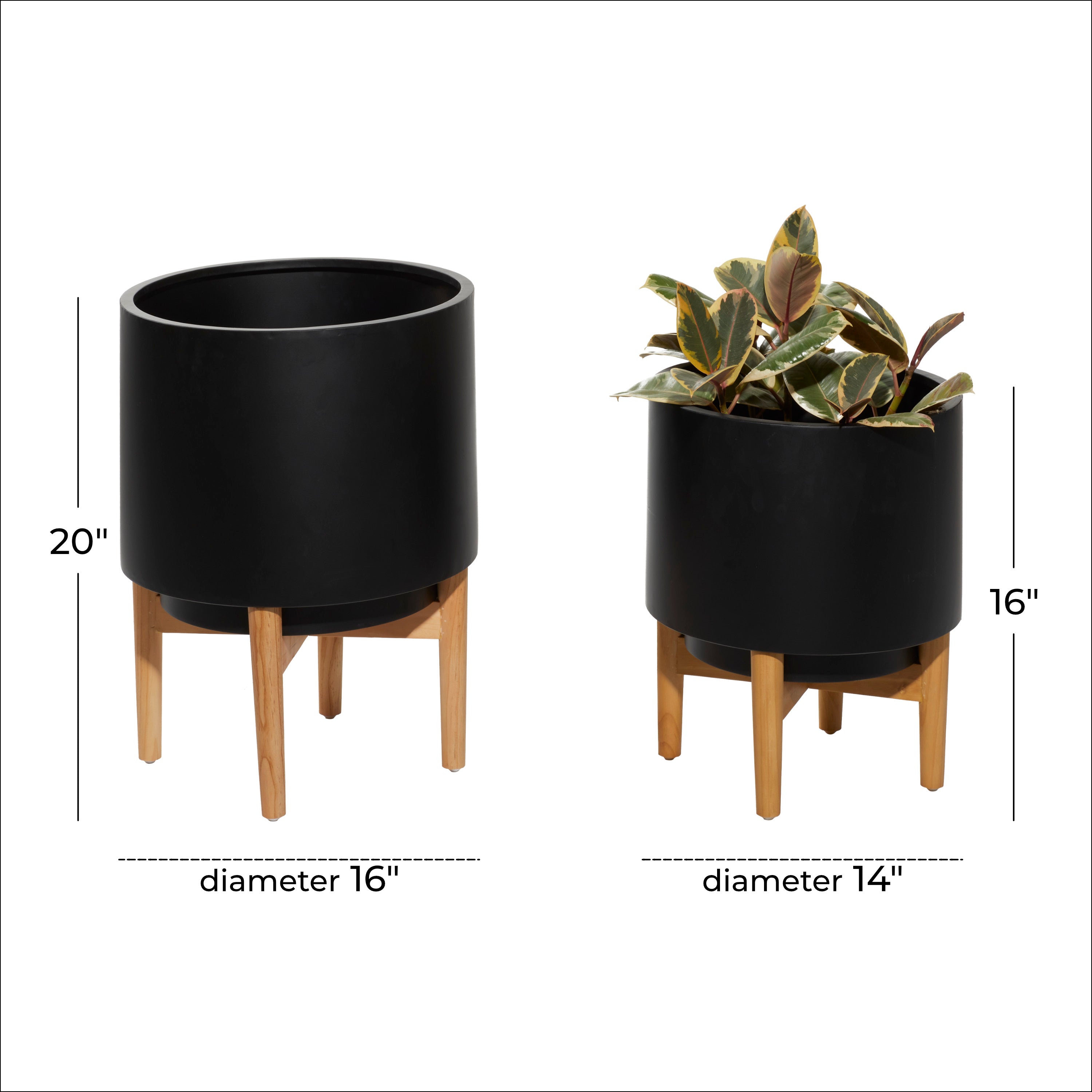 CosmoLiving by Cosmopolitan 20", 16"H Indoor Outdoor Black Metal Planter with Removable Wood Stand (2 Count)