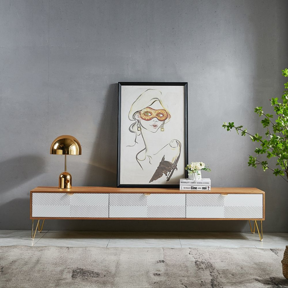 Modern Nordic Wooden TV Stand Fluted Design White  ampGold with 3 Drawer   Midcentury   Entertainment Centers And Tv Stands   by Homary International Limited  Houzz