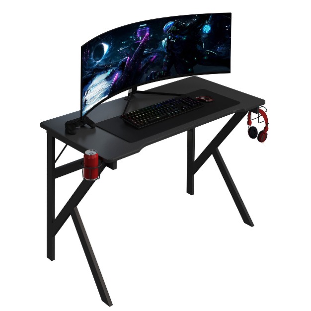 Lavish Home Gaming Computer Desk With Cup Holder Headphone Hanger Cable Management Black