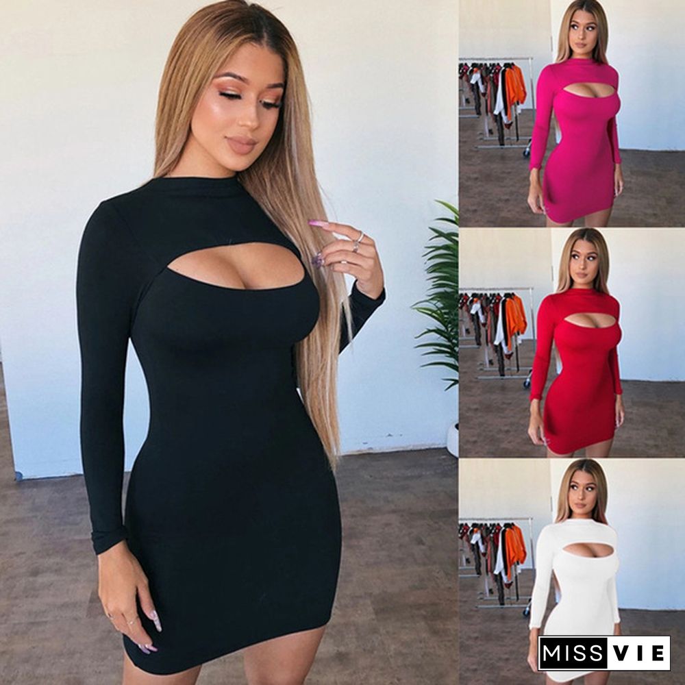 Women Fashion Long Sleeve Solid Color Hollow Out Slim Package Hip Bodycon Plus Size Casual Special Mini Dress