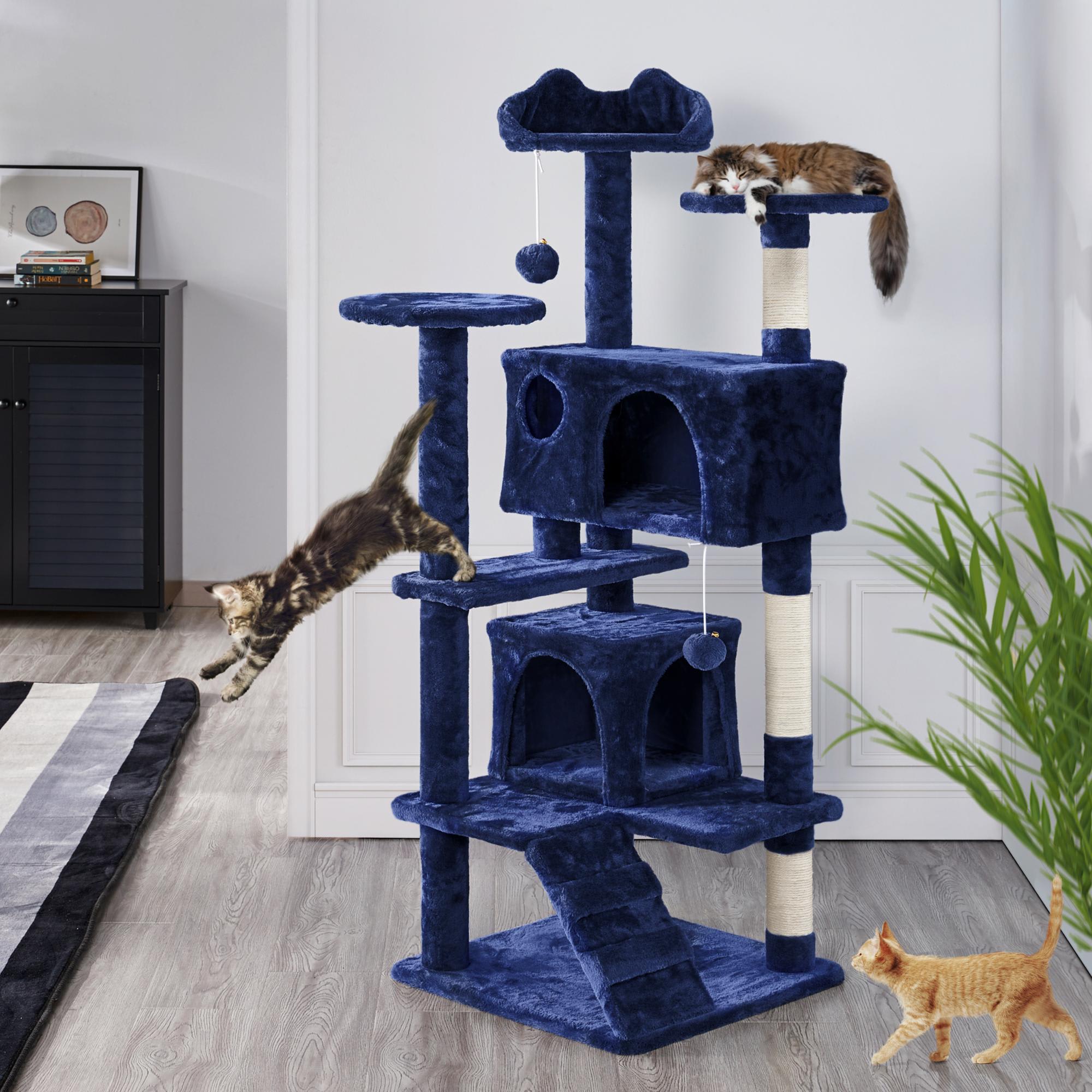 Topeakmart Navy Blue Plush Cat Tree with 2 Condos， 54