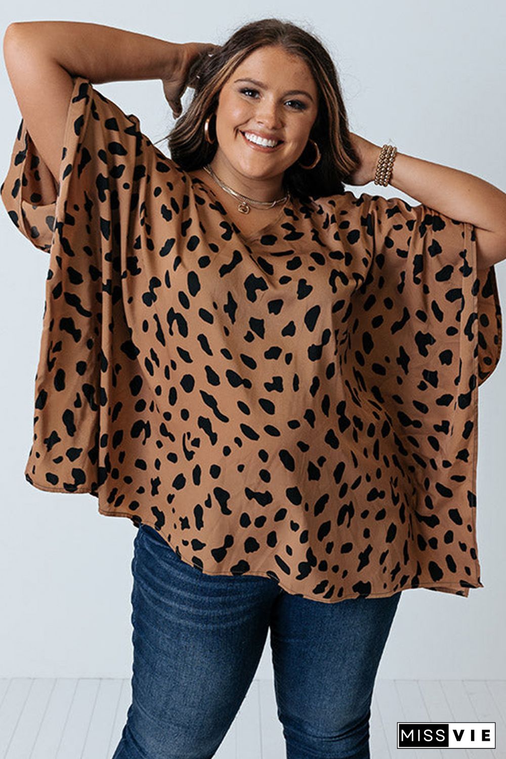 Plus Size Leopard Batwing Sleeve Tunic Top