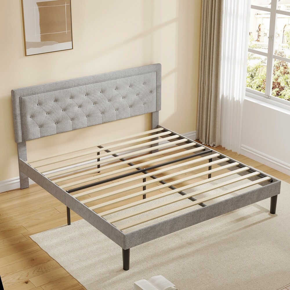 Simple Wood Slat Support Platform Bed Frame Adjustable Headboard Bed