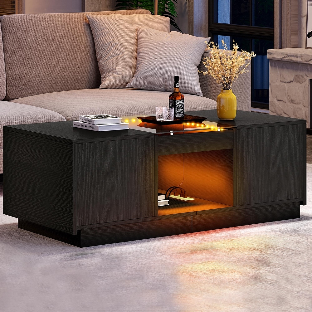 Modern Wood Coffee Table with Storage Drawers and LED Lighting