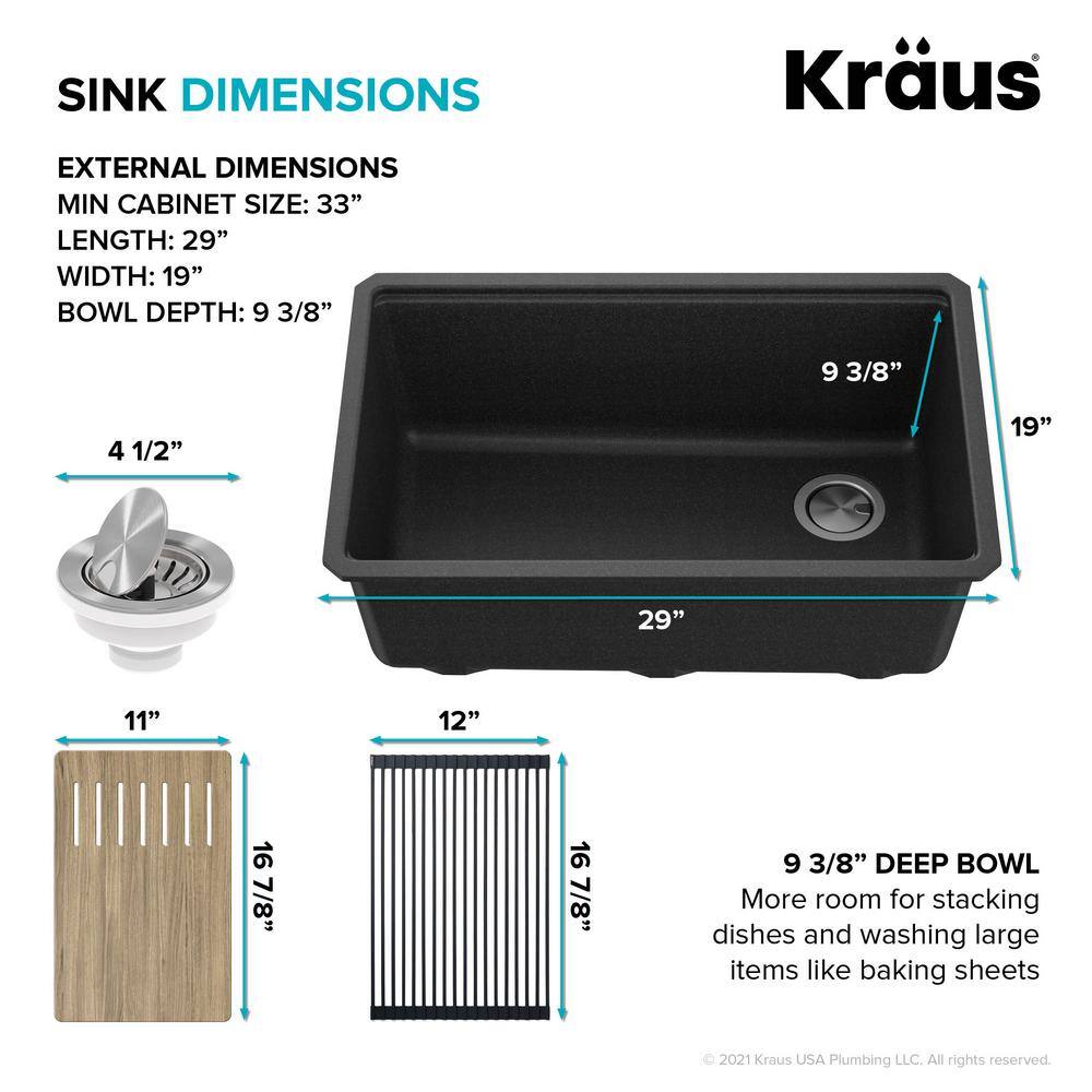 KRAUS Bellucci Black Granite Composite 30 in. Single Bowl Undermount Workstation Kitchen Sink with Accessories KGUW2-30MBL