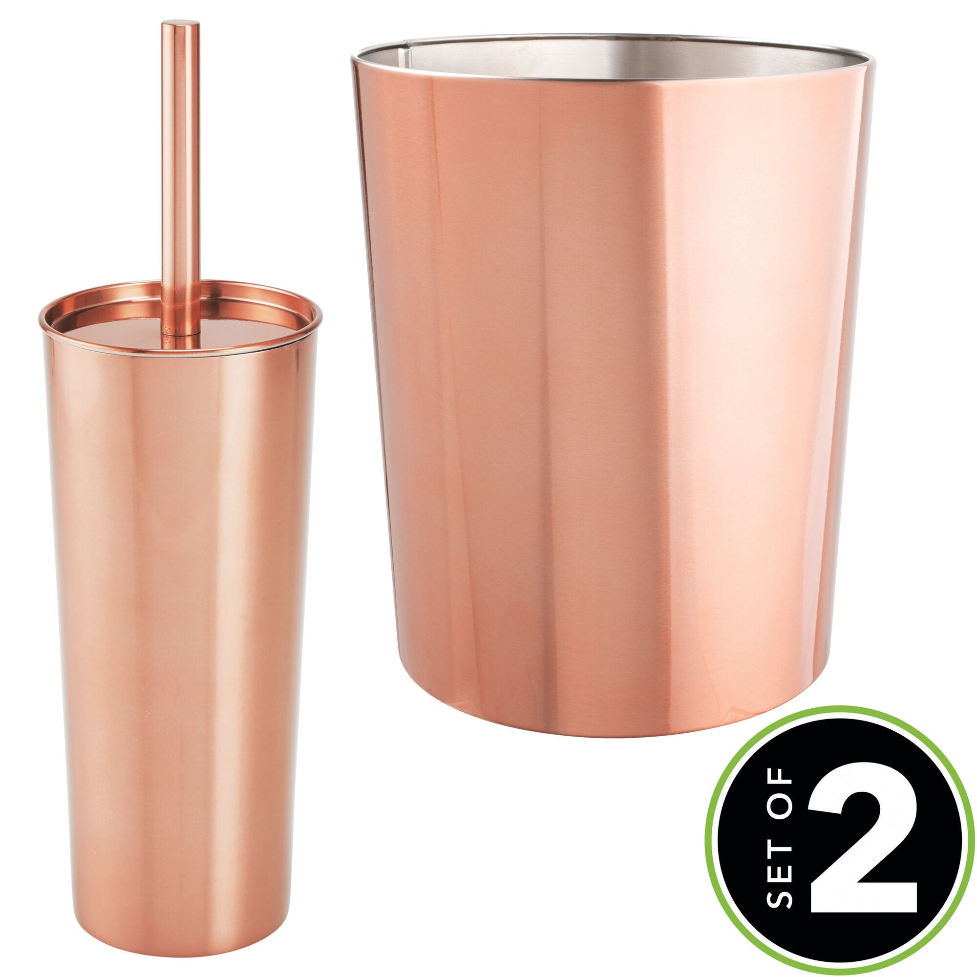 mDesign Round Metal Modern Compact Freestanding Plastic Toilet Bowl Brush and Round Wastebasket Garbage Can Combo Set for Bathroom Storage - Sturdy， Deep Cleaning - Set of 2 - Rose Gold